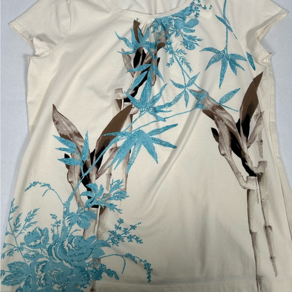 Talbots Blue Fitted Cap Sleeve Tee with Bamboo Floral Print - Picture 7 of 10